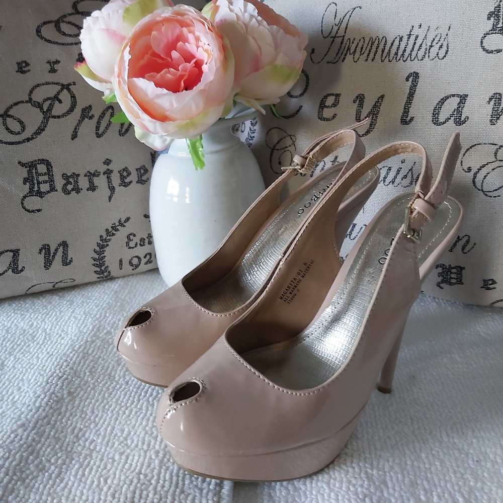 Bamboo platform stiletto heels nude glossy pumps peep toe slingback - Picture 4 of 16